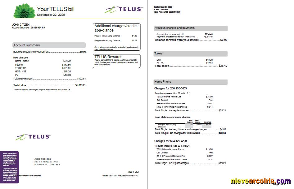 Canada Telus utility bill, 2 pages, version 3